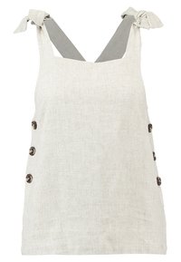 Leinen-Trägershirt in Hellbeige mit zwei Schulterbanden und dunklen Knöpfen entlang der linken Seite. Strukturiertes Material, taillierte Passform, ärmelloses Design.