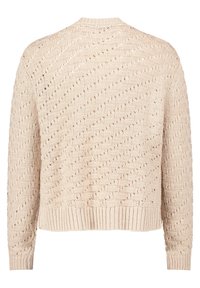 Knit cardigan in light beige with a textured, open stitch pattern and ribbed cuffs and hem. Features a round neck and relaxed fit.
