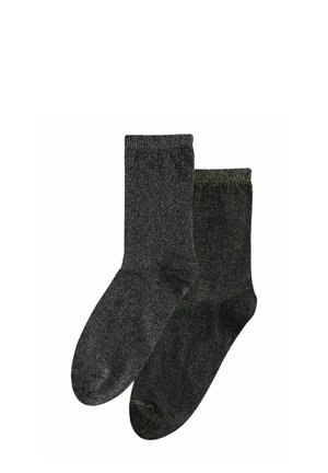 Pair of dark gray and black textured crew socks laid flat, showing full length and rounded toe shape.
