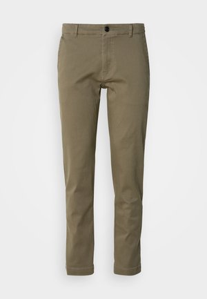 Olive green cotton pants with a straight fit, featuring a front button closure and two side pockets. Smooth texture and minimal detailing.
