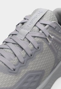 Κοντινή λήψη ενός αθλητικού παπουτσιού Columbia ανοιχτού γκρι χρώματος με υφασμάτινη υφή, παχιές γκρι κορδόνια και εμφανές λογότυπο Columbia στη γλώσσα και στο πλάι.