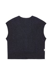 Zwarte mouwloze gebreide top met een gestructureerd ribbelpatroon, ronde halslijn en een klein logo-label aan de zoom.
