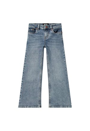 Jeans en denim bleu clair avec une conception à jambes larges, présentant une fermeture à bouton, des passants de ceinture et des poches avant. Le tissu a une finition délavée.