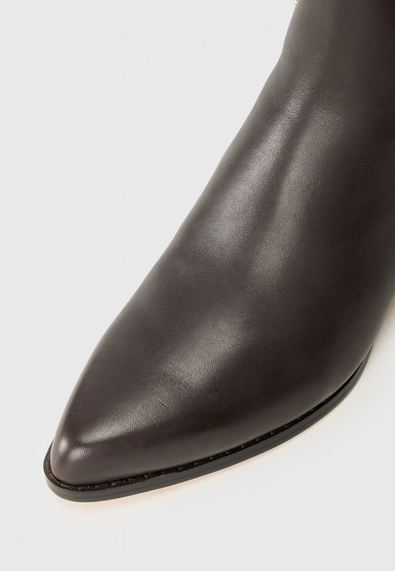 Nahaufnahme eines eleganten, dunkelbraunen Lederboots mit spitzem Zeh, der eine glatte Oberfläche und ein minimalistisches Design vor einem weißen Hintergrund zeigt.