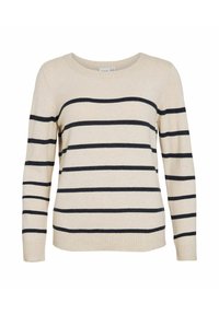 Beżowy sweter w granatowe poziome paski, z okrągłym dekoltem, długimi rękawami oraz ściągaczami na mankietach i dole. Miękki, lekki materiał, casualowy krój.