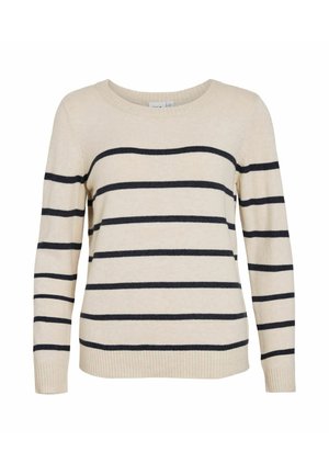 Béžový svetr s tmavě modrými vodorovnými pruhy, kulatým výstřihem, dlouhými rukávy a žebrovanými manžetami a lemem. Měkký, lehký materiál, volný střih.