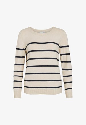 Beżowy sweter w granatowe poziome paski, z okrągłym dekoltem, długimi rękawami oraz ściągaczami na mankietach i dole. Miękki, lekki materiał, casualowy krój.