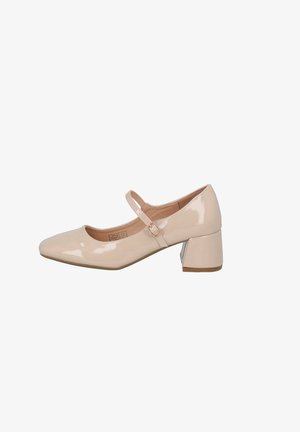 Beige patenterede læder Mary Jane-sko med firkantet tå, ankelrem og en midtblokhæls, der har en skinnende glat overflade.