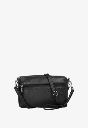 Black leather crossbody bag with textured surface, two zippered compartments, adjustable strap, and silver-tone hardware accents.