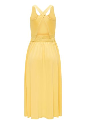 Vestito giallo senza maniche con spalline incrociate sulla schiena e una fascia elastica in vita, che si apre in una lunghezza media.