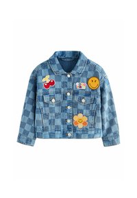 Jeansjacke mit kariertem Muster, langen Ärmeln, Kragen und verschiedenen bunten gestickten Patches auf der Vorderseite.