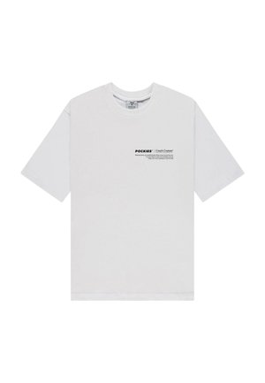 Weißes Baumwoll-T-Shirt mit kurzen Ärmeln und rundem Halsausschnitt, mit schwarzem Text auf der Vorderseite. Gerader Schnitt und schlichtes Design.
