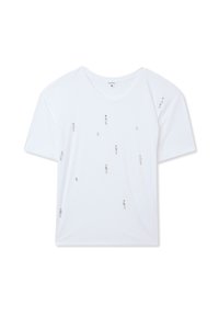 T-shirt bianco a maniche corte con decorazioni metalliche sparse sulla parte anteriore. Tessuto liscio con vestibilità comoda e scollatura rotonda.
