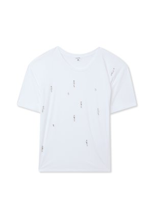 T-shirt bianco a maniche corte con decorazioni metalliche sparse sulla parte anteriore. Tessuto liscio con vestibilità comoda e scollatura rotonda.