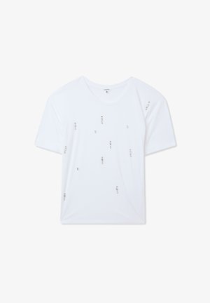 T-shirt bianco a maniche corte con decorazioni metalliche sparse sulla parte anteriore. Tessuto liscio con vestibilità comoda e scollatura rotonda.