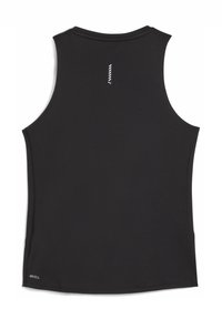 Canottiera atletica nera senza maniche realizzata in tessuto traspirante con una texture liscia. Presenta un piccolo logo bianco e dettagli a contrasto sul retro.