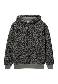 Grau und schwarzer Hoodie mit Leopardenmuster. Weicher Stoff, lange Ärmel und eine Fronttasche. Mit einer Kordelzugkapuze und gerippten Bündchen.
