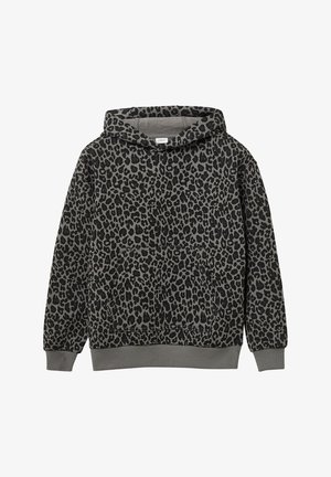 Bluza z kapturem w panterkę w odcieniach szaro-czarnych. Miękka tkanina, długie rękawy oraz frontowa kieszeń. Posiada kaptur ze sznureczkiem i ściągacze przy rękawach.