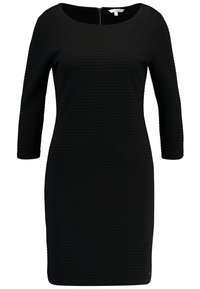 Mustat neulemekko, jossa on pyöreä pääntie ja kolme neljännestä hiha. Takana on vetoketju ja se on vartalonmyötäinen. Sujuva pinta ja klassinen muotoilu.