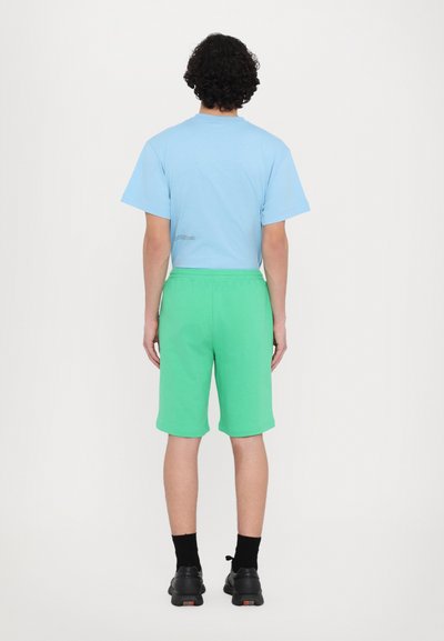 Helles blaues Baumwoll-T-Shirt und grüne Baumwoll-Shorts, beide mit einer lockeren Passform. Schwarze Schuhe mit bunten Akzenten. Einfaches Design, keine Muster.