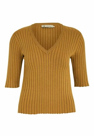 Mosterdgele geribbelde V-halstrui met korte mouwen en een geschulpte zoom, vervaardigd uit een zachte, gestructureerde breimateriaal.
