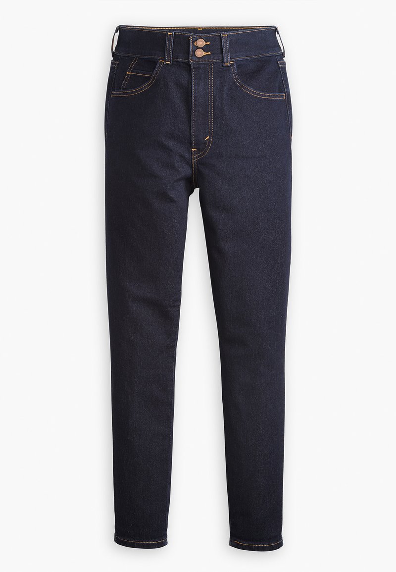 Jeans en denim bleu foncé au design ajusté, dotés d'une fermeture à bouton, de deux poches avant et d'une couture orange contrastante.