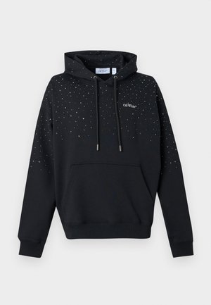 Sweat à capuche noir avec un motif tacheté blanc, cordons de serrage, poche ventrale avant et petit logo "Off-White" sur le côté gauche de la poitrine.