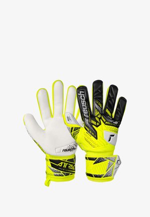 Goalkeeper gloves with white palms, neon yellow accents, and textured black fingers. Includes adjustable wrist closure and grip-enhancing patterns.