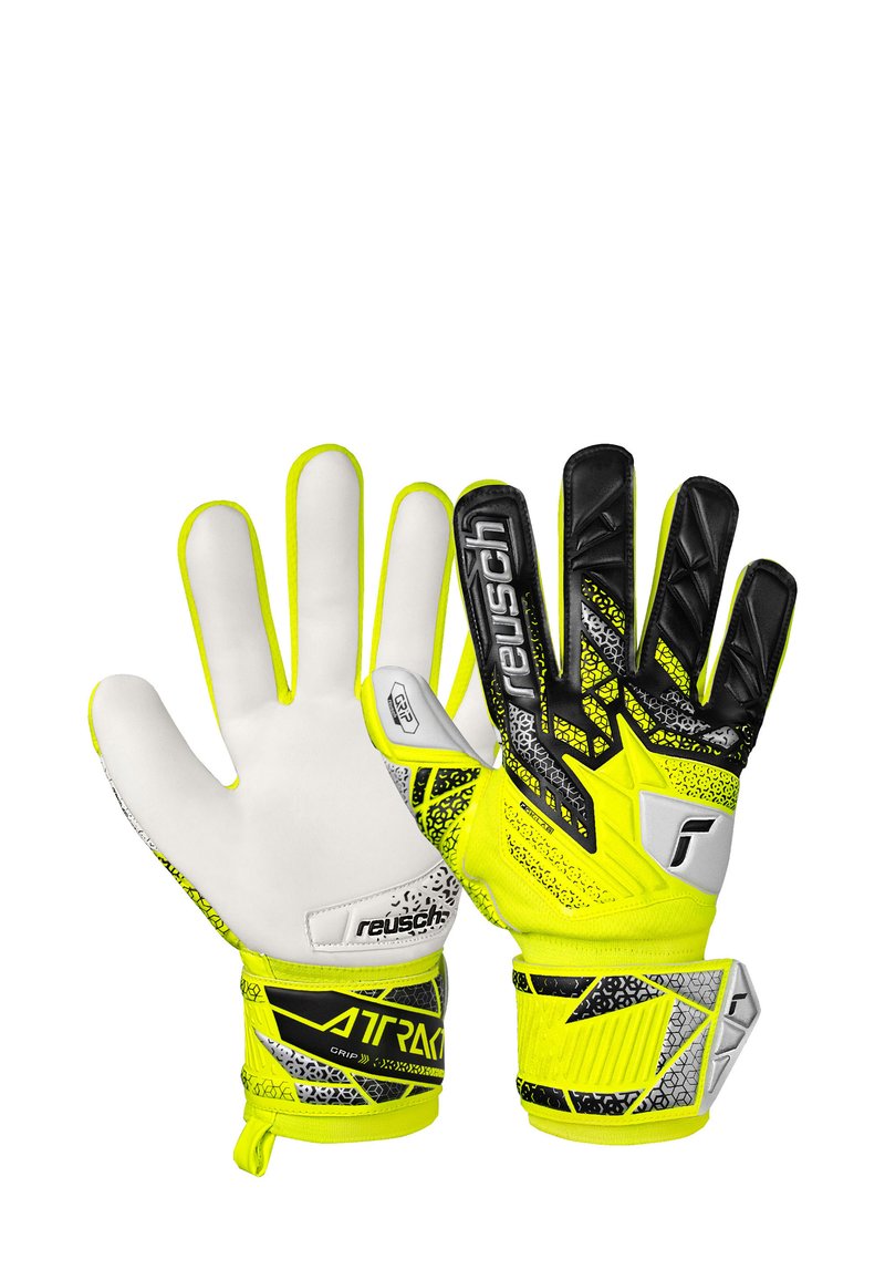 Torwarthandschuhe mit weißen Handflächen, neongelben Akzenten und strukturierten schwarzen Fingern. Verfügen über einen verstellbaren Handgelenksverschluss und griffige Muster.