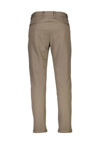 Beige op maat gemaakte broeken met een gladde textuur, slim fit, achterzakken en opgerolde manchetten, gemaakt van een lichtgewicht stof.