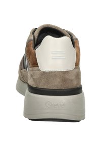 Men's athletic shoe in gray, brown, and black suede with a white leather heel counter and textured rubber sole; features understated branding.