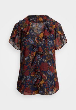 Blomstret bluse i gjennomsiktig marineblått stoff, med volangkrage og korte ermer. Designet inkluderer røde, gule og blå blomster mot en mørk bakgrunn.