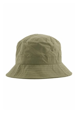 Jasnozielony bawełniany kapelusz typu bucket z przeszywanym rondem i otworami wentylacyjnymi na białym tle.