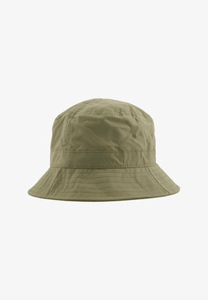 Light green cotton bucket hat with stitched brim and ventilation eyelets on a white background.