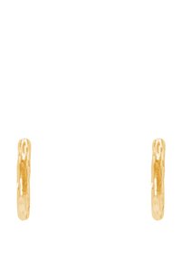 Orecchini a cerchio color oro con una finitura testurizzata e martellata. Forma arrotondata, piccolo diametro, con un design a chiusura sicura.