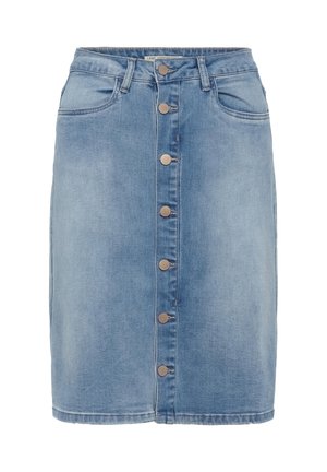 Hellblauer Jeansrock mit vorderer Knopfleiste, Gürtelschlaufen und zwei Vordertaschen, knielang mit verwaschenem Waschungseffekt.