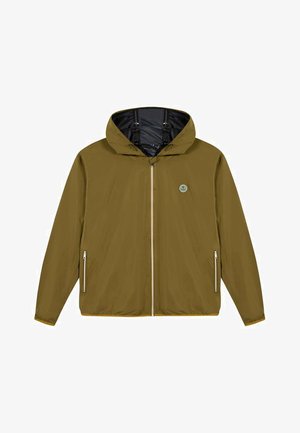 Olive green hooded jacket with front zipper, two zippered side pockets, and small circular logo on the left chest.