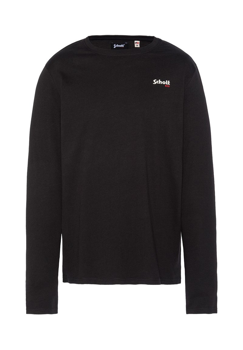 T-shirt nera a maniche lunghe in cotone morbido con scollatura tonda e piccolo logo bianco "Schott" sul lato sinistro del petto. Vestibilità classica.