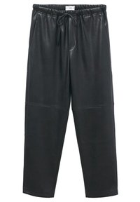 Pantalons en simili cuir noir avec une coupe décontractée, une taille élastique, un cordon de serrage et deux poches latérales. Texture lisse et design simple.