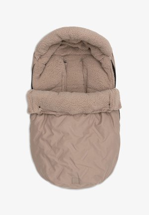 Kinderwagen voetenzak met zachte beige sherpa voering en gladde buitenstof, ontworpen voor warmte en comfort in koud weer.