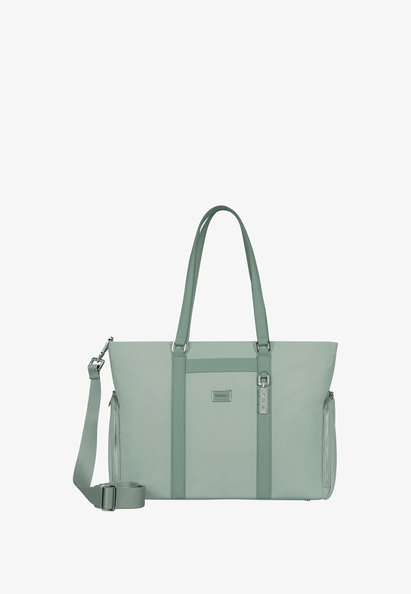 Green fabric tote bag with dual handles and adjustable shoulder strap. Features zippered sides and a front pocket with logo accent.