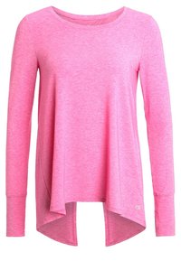 T-shirt à manches longues rose avec une coupe décontractée, fabriqué en tissu doux et texturé ; présente un col rond et un ourlet qui remonte à l'arrière.