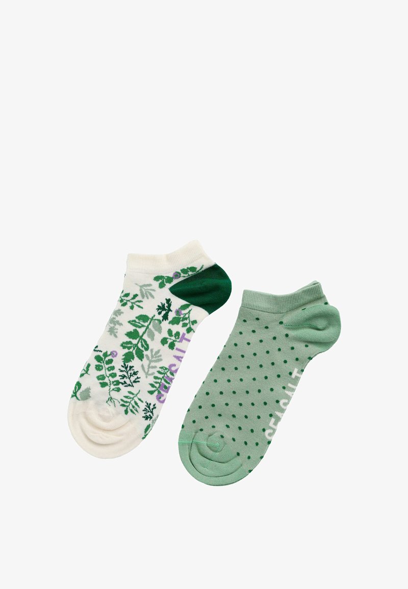 Două șosete până la gleznă alăturate, una albă cu frunze verzi și cealaltă verde deschis cu buline verde închis, ambele cu textul brandului.