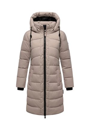 Lange beige gewatteerde winterjas met capuchon, zwarte koordjes, volledige ritssluiting aan de voorkant en zijzakken.