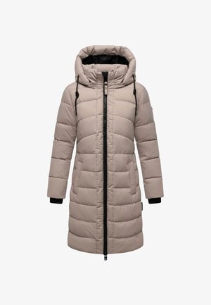 Abrigo largo beige acolchado de invierno con capucha, cordones negros, cremallera frontal completa y bolsillos laterales.