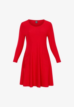 Punane pikkade varrukatega põlve pikkune kleit ümmarguse kaelaaukuga ja kahe esiosa taskuga, esitatud valge tausta peal.