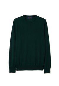 Maglione a maglia verde scuro, collo rotondo, maniche lunghe, polsini e orlo a costine, consistenza liscia, etichetta sul collo con scritto "PIOMBO."