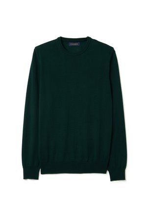 Donkergroen gebreid sweater, ronde hals, lange mouwen, geribde manchetten en zoom, gladde textuur, label op de hals leest "PIOMBO."