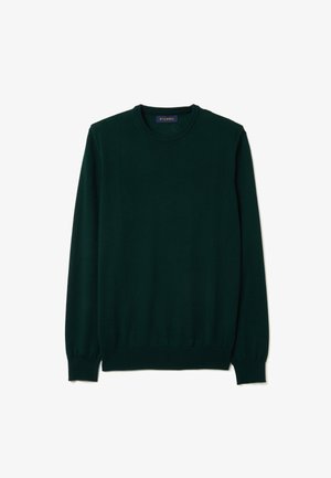Donkergroen gebreid sweater, ronde hals, lange mouwen, geribde manchetten en zoom, gladde textuur, label op de hals leest "PIOMBO."