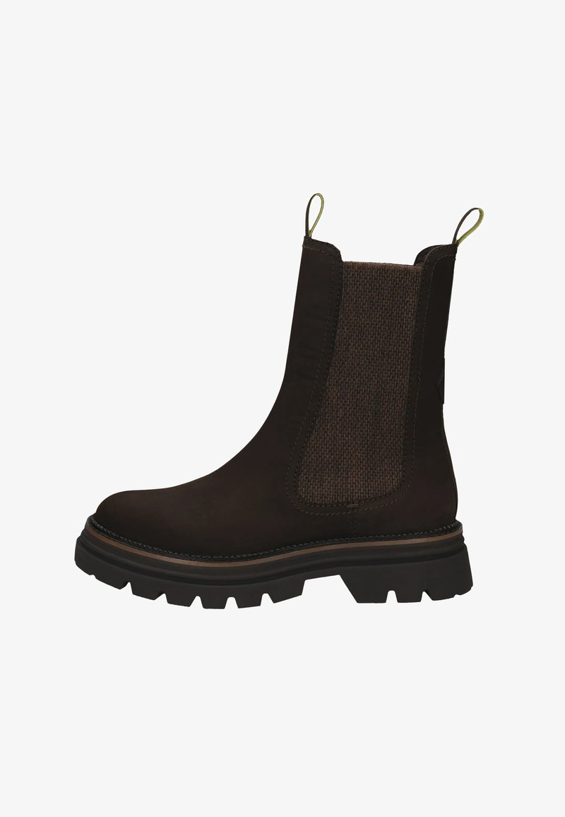 Brown suede ankle boots featuring elastic side panels, textured fabric accents, and a rugged sole with deep treads for traction.